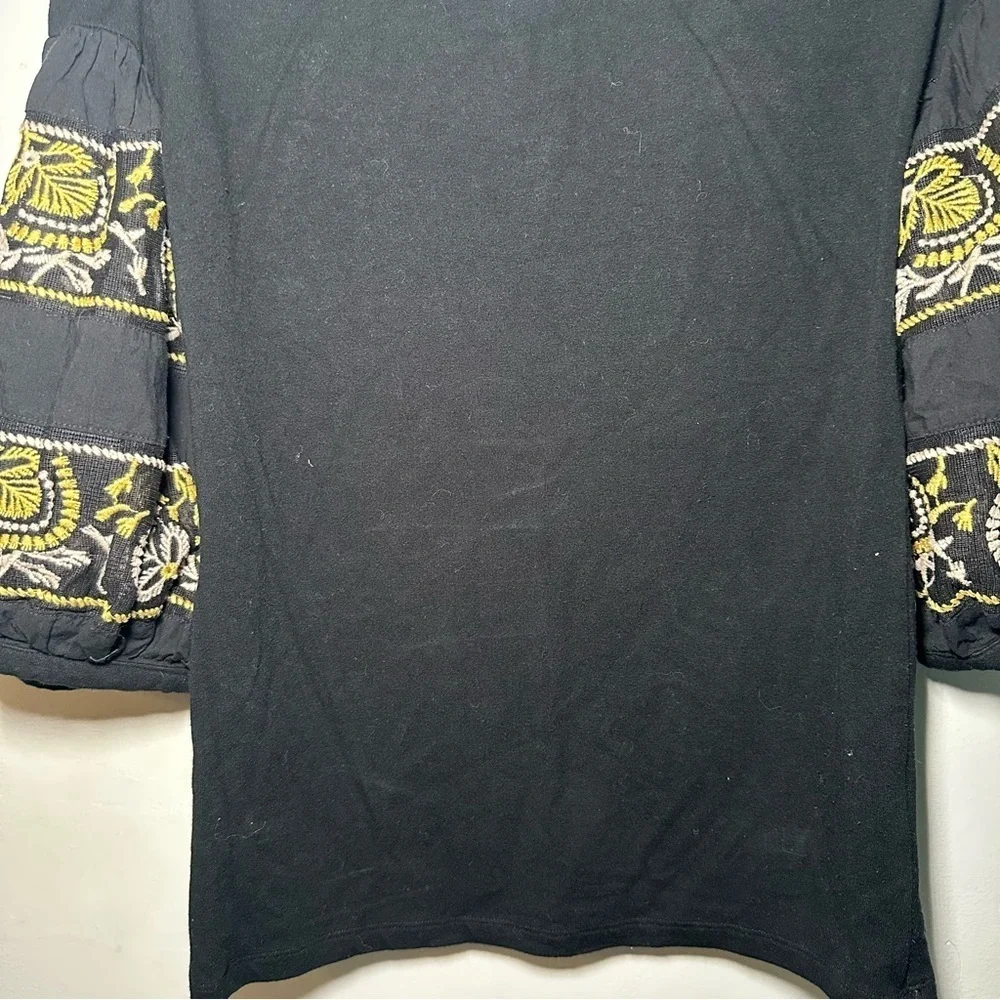 Free People Black Off Shoulder Blouse Gold Embroidery Puff Sleeves Size Small